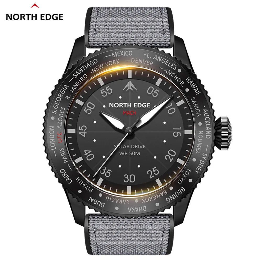 NORTH EDGE-relojes para Hombre MACH Solar Power 2024, nuevo diseño luminoso, resistente al agua, correa de nailon TPR, Reloj piloto para Hombre