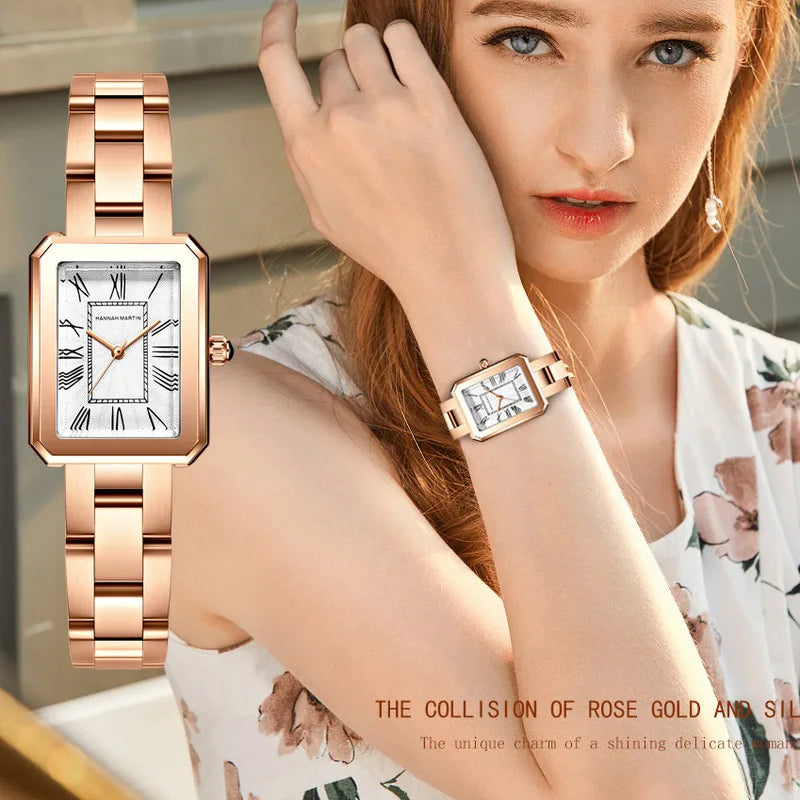 Reloj HANNAH MARTIN para Mujer, movimiento de cuarzo japonés, Reloj cuadrado romano de lujo con correa de acero inoxidable, Reloj para Mujer