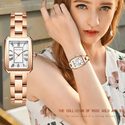 Reloj HANNAH MARTIN para Mujer, movimiento de cuarzo japonés, Reloj cuadrado romano de lujo con correa de acero inoxidable, Reloj para Mujer