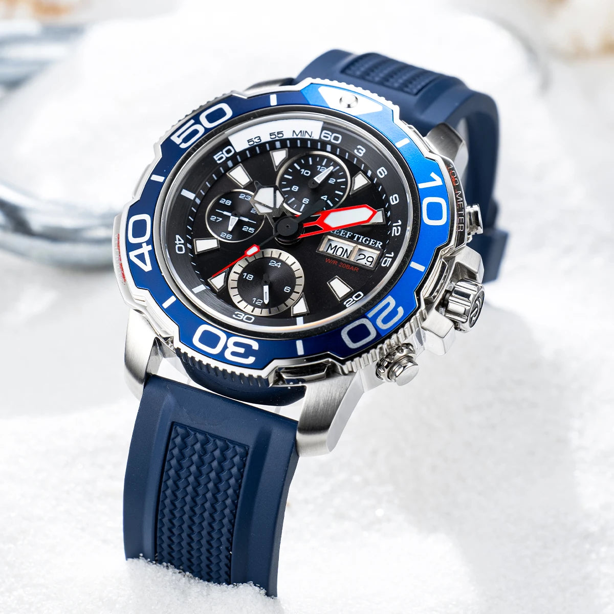 Reef Tiger/RT nuevo diseño reloj mecánico multifuncional para hombre analógico automático esfera azul reloj de fecha relojes Masculino RGA3053