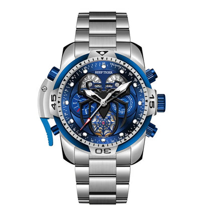 Reef Tiger-relojes automáticos para hombre, reloj militar, reloj de pulsera mecánico, calendario perpetuo luminoso, correa de acero, zafiro RGA3532