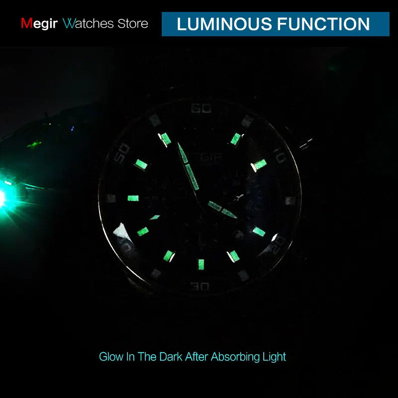 Relojes Megir de cuarzo de acero inoxidable dorado para hombre, reloj de pulsera Analgue con cronógrafo de negocios para hombre, resistente al agua, luminoso 2068ggd-2n3