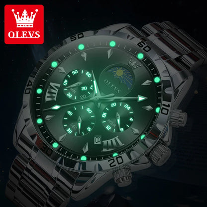 OLEVS Original Moon Phase Men Watches Luminous Skeleton Waterproof Quartz Watch Calendar Chronograph Stainless Steel Wristwatch