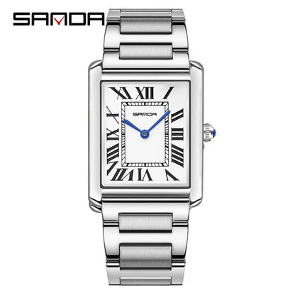 New Fashion Sanda Top Brand Rectangular For Women Man Silver Case Luxury Leather Band Quartz Clock Zegarek Damski Wrist Watches