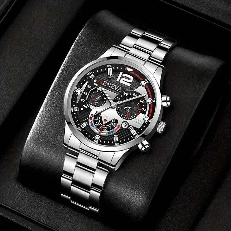 "Zinc Alloy" Elegant Men'S Stainless Steel Quartz Watch With Calendar & Luminous Hands - Business Casual Style