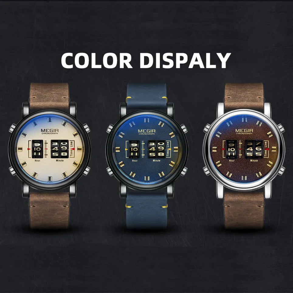 Relojes deportivos militares MEGIR a la moda para hombres, relojes de pulsera de cuarzo con correa de cuero, reloj de Esfera Grande informal resistente al agua