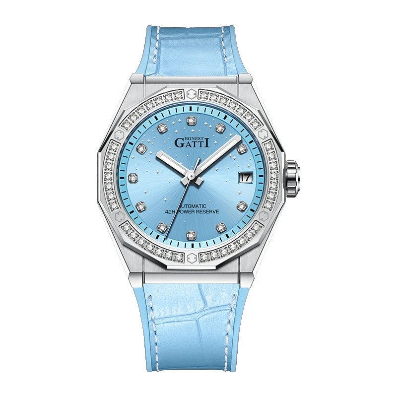 BONEST GATTI Women Automatic Watch Luxury Ladies Watches  Mechanical Wristwatch Sapphire Leather Strap Austria Crystal Bezel