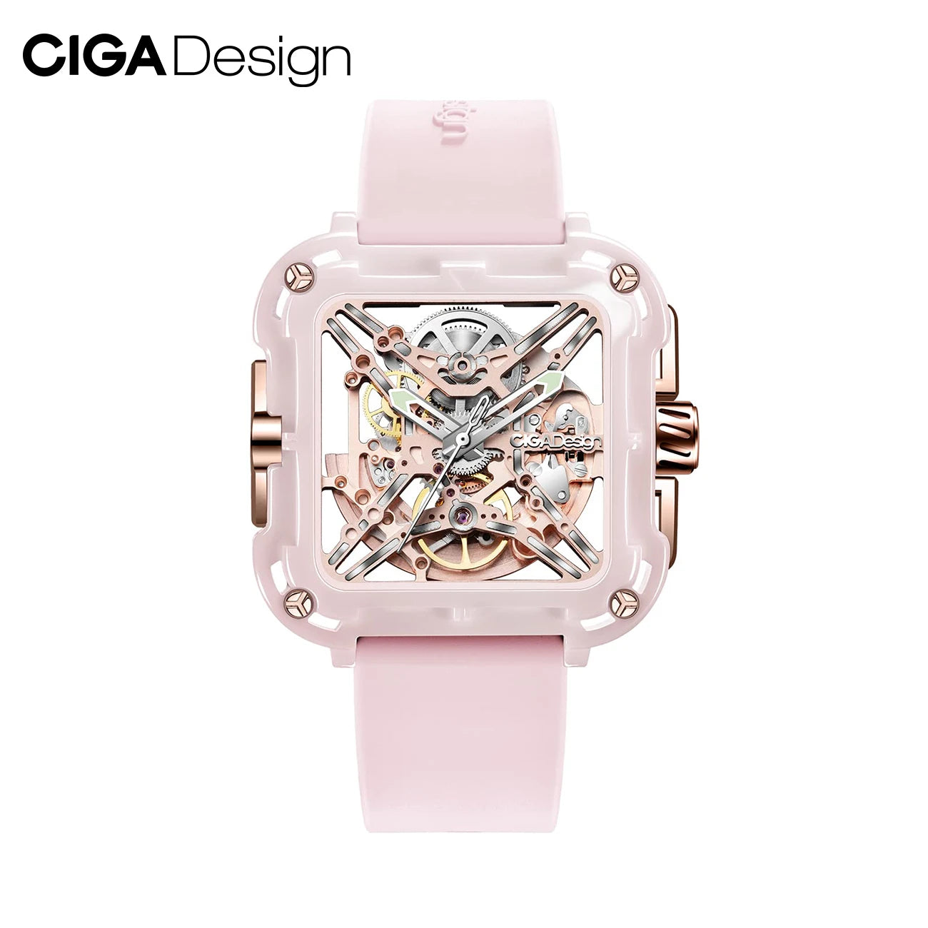 CIGA Design X Series-Reloj Automático de cerámica rosa para mujer, relojes de pulsera mecánicos con esqueleto a la moda, correa de silicona suave, 2024