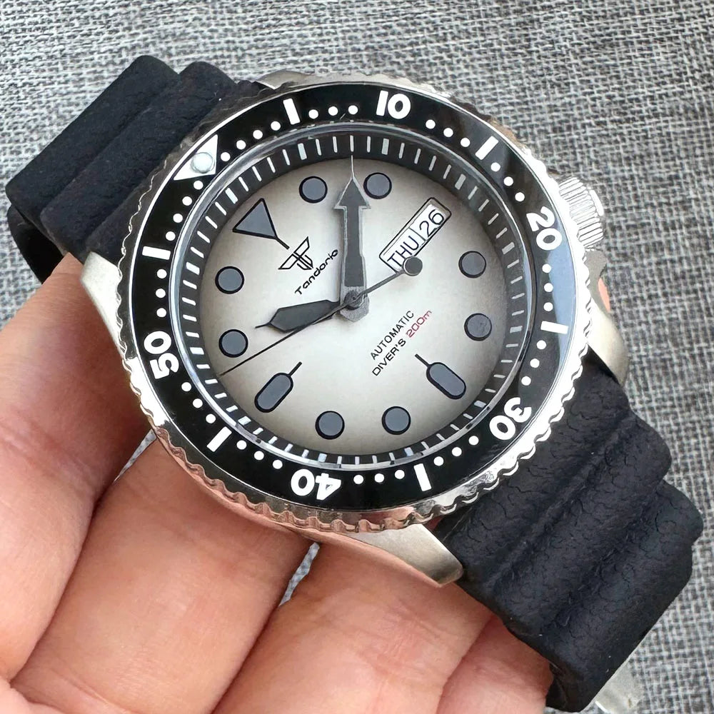 20bar Waterproof Tandorio SKX Mod S NH36 Steel Mechanical Watch Men 120clicks Bezel Chapter Ring 3.8 Crown Clock Black Index