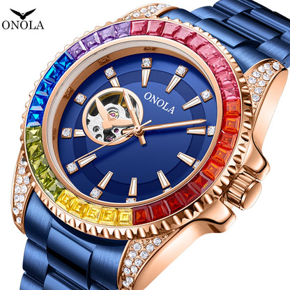 Reloj ahuecado con diamantes de colores a la moda para hombre ONOLA correa de precisión mecánica completamente automática para reloj de hombre