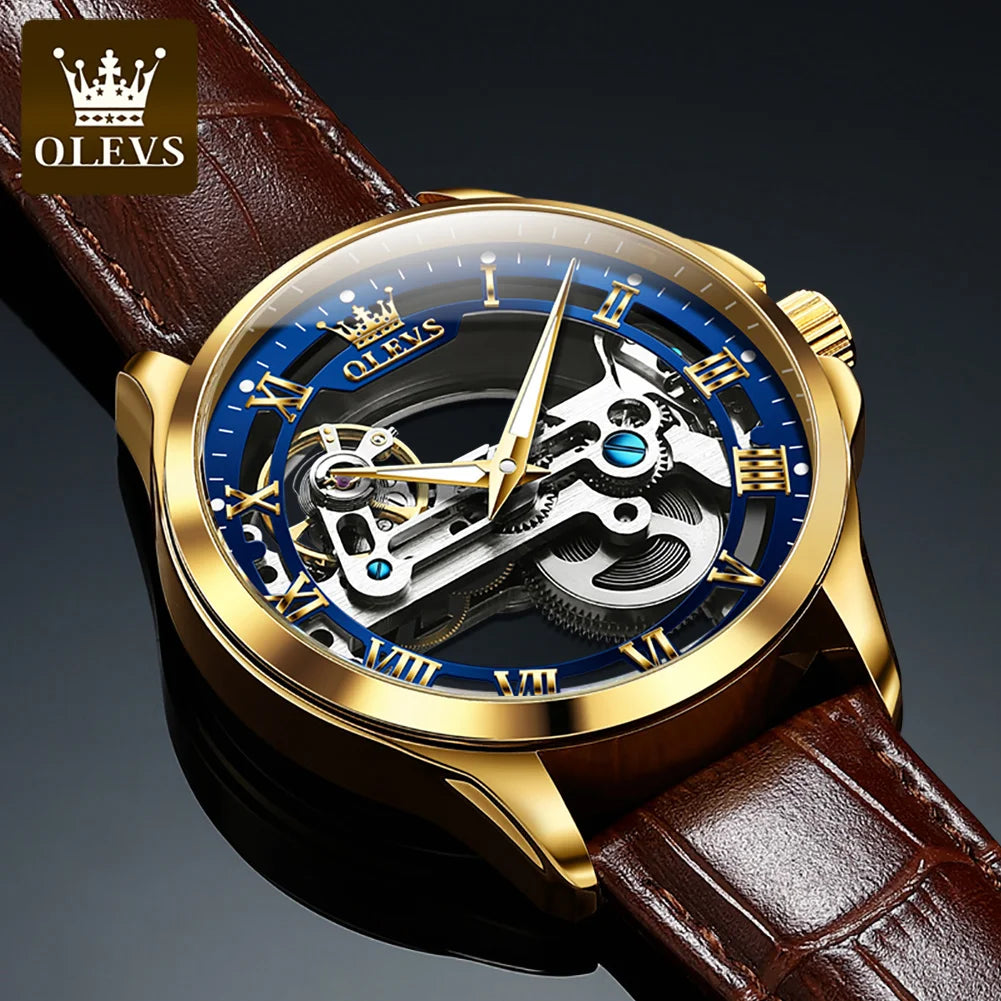 OLEVS Luxury Men‘s Watches Fully Holow Out Design Waterproof Leather Strap Automatic Mechanical Wristwatch for Men Reloj Hombre