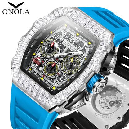 Relojes mecánicos totalmente automáticos a la moda para hombre ONOLA, diseño único con incrustaciones de diamantes, reloj resistente al agua con cinta para hombre