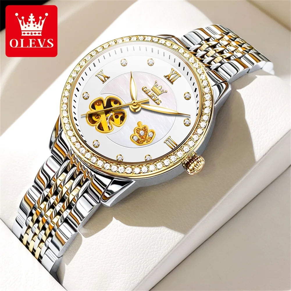 OLEVS 6706 New Diamond Luxury Automatic Wrist Watch Hollow Original Mechanical Watch For Women Roman Scale Waterproof Hand Clock