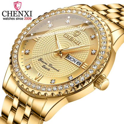 CHENXI Popular reloj de lujo para hombres y mujeres, reloj de pulsera de cuarzo, moda dorada, relojes de acero inoxidable resistentes al agua para hombres y mujeres