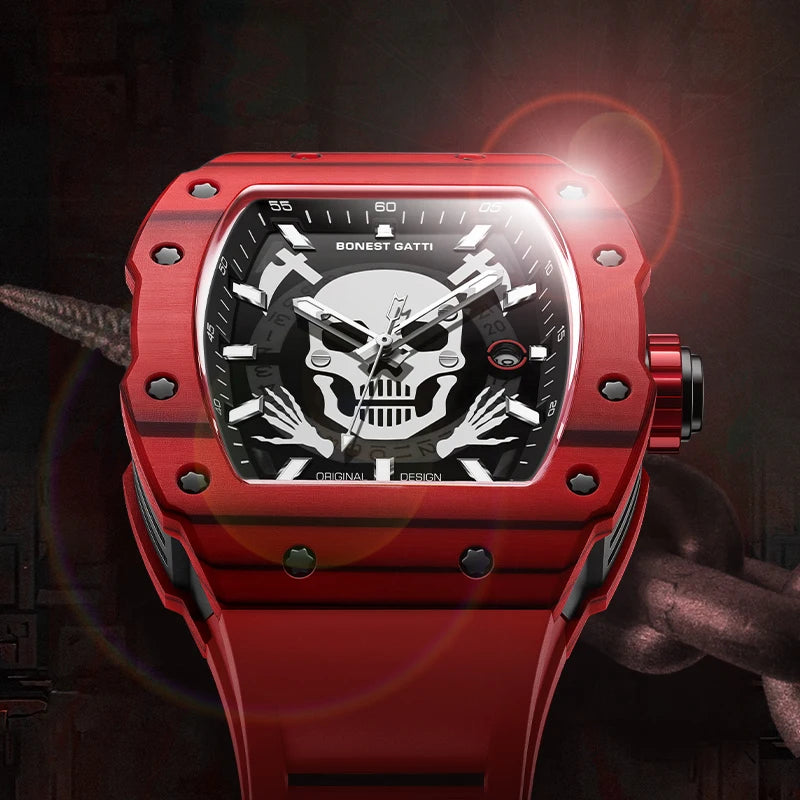 BONEST GATTI Men Automatic Watch Luxury Tonneau Mechanical Wristwatch Carbon Fiber Bezel Titanium Case Sapphire Skull Luminous