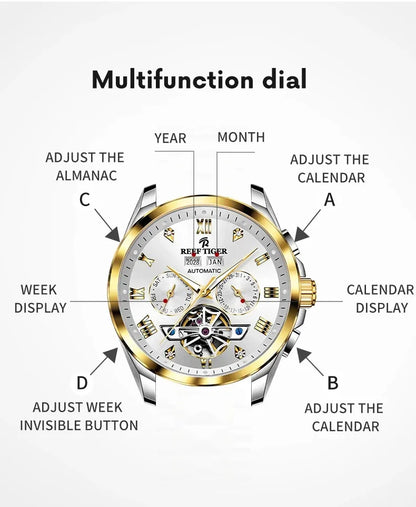 リーフ タイガー メンズ 自動巻き腕時計 高級機械式腕時計 100M 防水 夜光スチールストラップ マルチダイヤル 年、月、週、日付