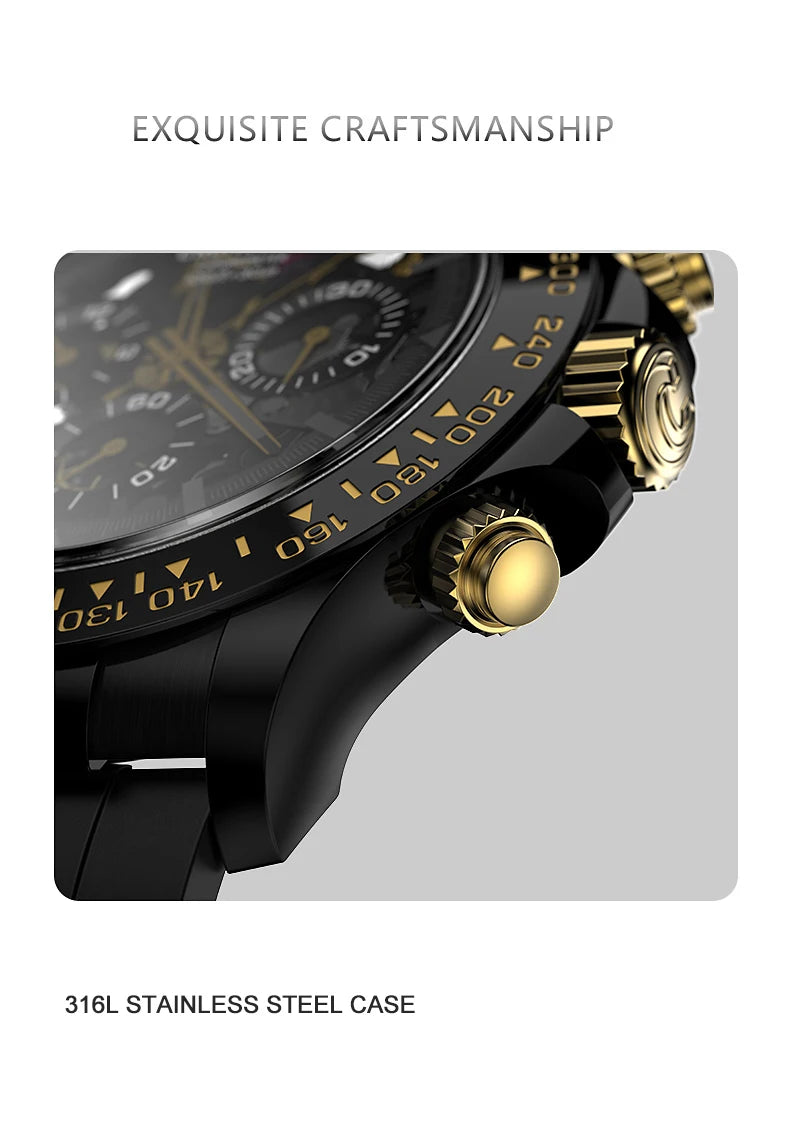 CRONUSART Men Automatic Watch 40mm Luxury Chronograph Mechanical Wristwatch NTPT Skeleton Dial Luminous Fluororubber Strap