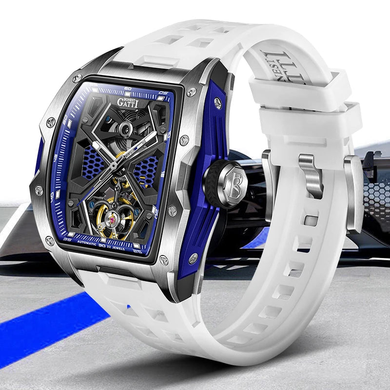 BONEST GATTI Men Automatic Watch Luxury 46MM Fashion Tonneau Mechanical Wristwatch Waterproof Sapphire Luminous Punk Rubber