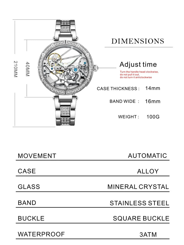 Luxury Skeleton Silver Dial Fashion Watches with Stainless Steel Band New Automatic Mechanical Wristwatch for Women Reloj Mujer