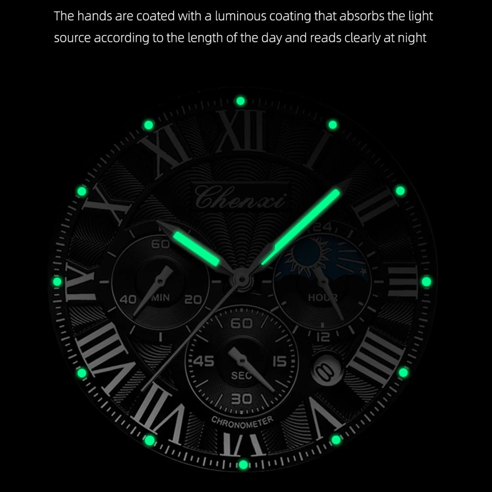 CHENXI New Chronograph Quartz Watch for Men Moon Phase Date Dial Clock Top Brand Male Leather Waterproof Luminous Wristwatch