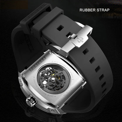 PONIGER Men Automatic Watch 46mm Luxury Tonneau Mechanical Wristwatch Sapphire Luminous Skeleton Dial Rubber Strap