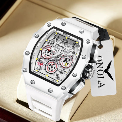 Reloj de Moda para Hombre ONOLA Casual Multifuncional Cinta de Silicona Relojes de Cuarzo Impermeables Blanco