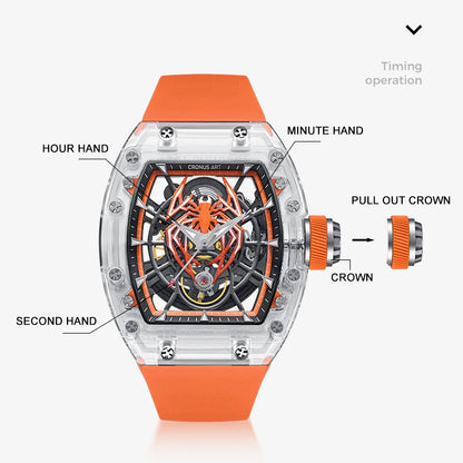 CRONUSART Men Automatic Watch Tonneau Mechanical Wristwatch High Transparency Acrylic Case Fluororubber Strap Skeleton Spide