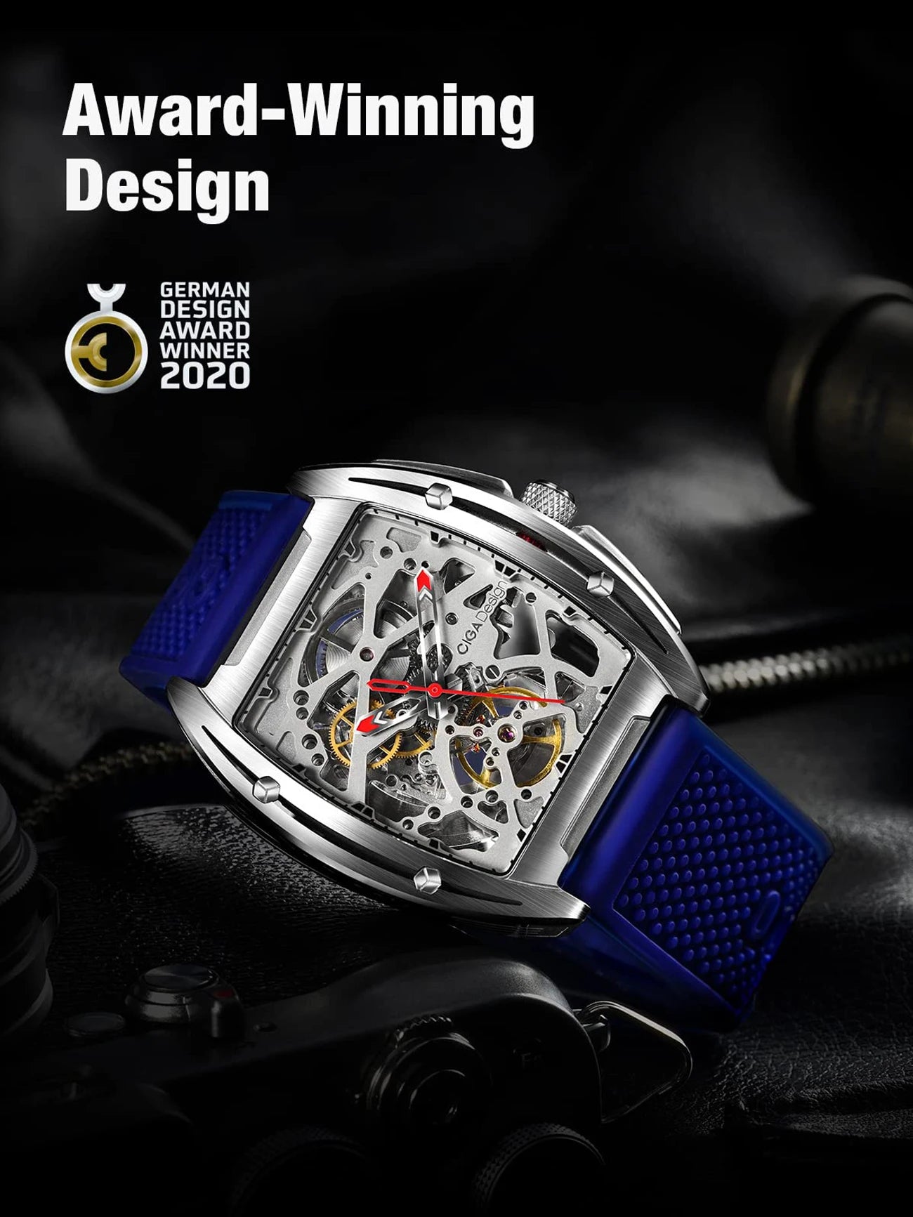 Reloj Automático CIGA Design Skeleton para hombre, relojes de pulsera mecánicos Serie Z, cuero de silicona de acero inoxidable 316L, dos correas