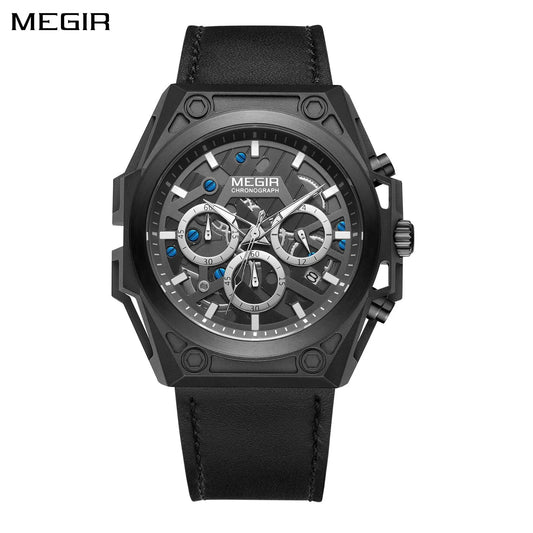 Reloj MEGIR de cuarzo multifuncional a la moda, reloj de pulsera militar deportivo con correa de cuero para hombre, reloj cronógrafo luminoso resistente al agua