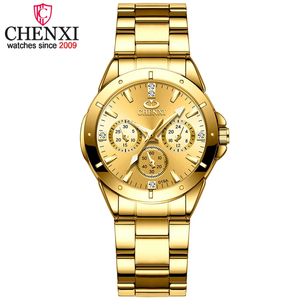 Marca CHENXI, reloj dorado a la moda para mujer, reloj de cuarzo para mujer, reloj de lujo, relojes de pulsera impermeables de acero inoxidable para mujer