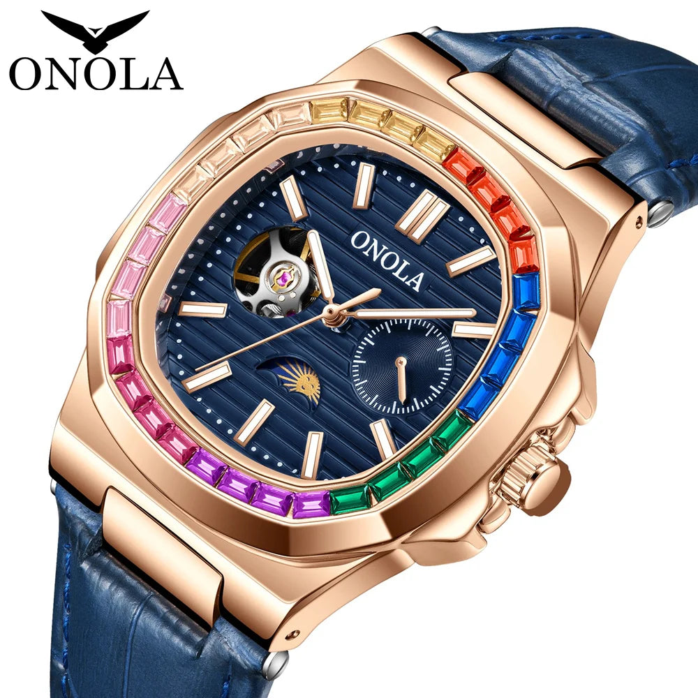 ONOLA Moda Colorido Diamante Hueco Totalmente Automático Mecánico Relojes para Hombres y Mujeres Reloj de Cuero Resistente al Agua Reloj para Hombres