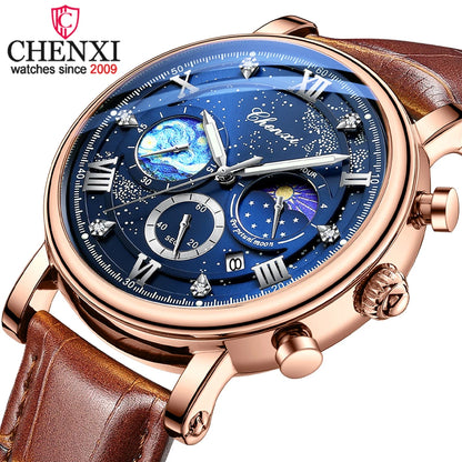 CHENXI, nuevo reloj cronógrafo de lujo para hombre, correa de cuero, relojes de pulsera deportivos, calendario, relojes con puntero luminoso resistente al agua para hombre