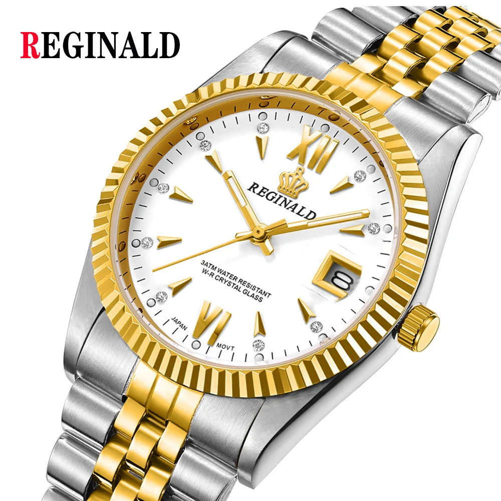 Relojes Reginald para Hombre, Reloj de negocios con diamantes, relojes de pulsera de cuarzo con fecha automática de acero dorado y plateado para Hombre, Reloj para Hombre