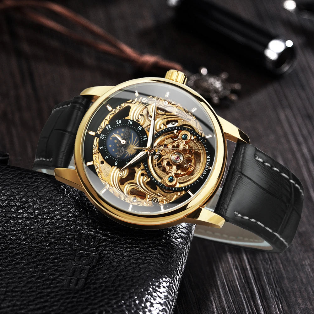 WINNER Retro Moon Phase Watch for Men Luxury Tourbillon Skeleton Automatic Mechanical Watches Casual Genuine Leather Strap Clock