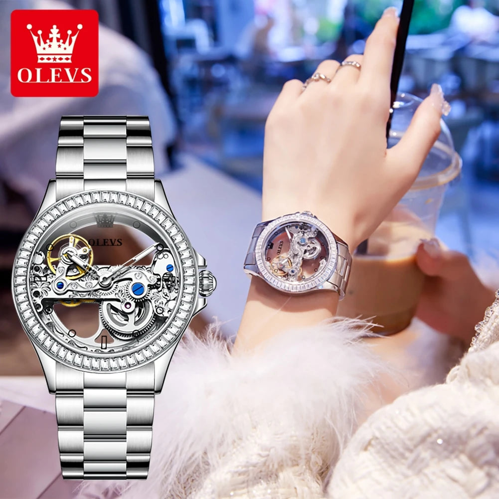 OLEVS 6699 Luxury Original Mechanical Watch For Women Hollow Skeleton Top Brand Wristwatch Waterproof Fashion Woman Watches 2024