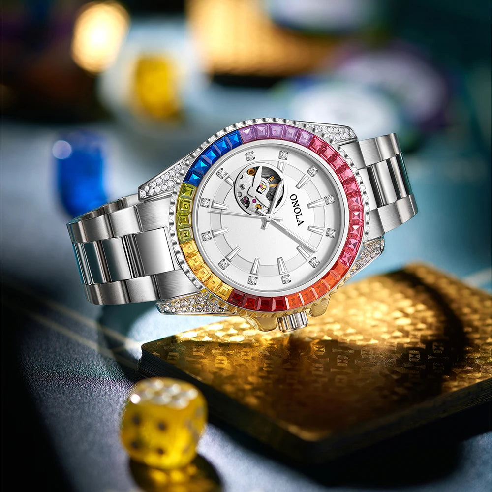 Reloj ahuecado con diamantes de colores a la moda para hombre ONOLA correa de precisión mecánica completamente automática para reloj de hombre