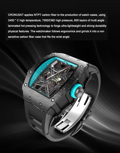 CRONUSART Men Automatic Watch Luxury Tonneau Mechanical Wristwatch Carbon Fibre Case Luminous Fluororubber Strap Skeleton Dial