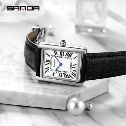New Fashion Sanda Top Brand Rectangular For Women Man Silver Case Luxury Leather Band Quartz Clock Zegarek Damski Wrist Watches