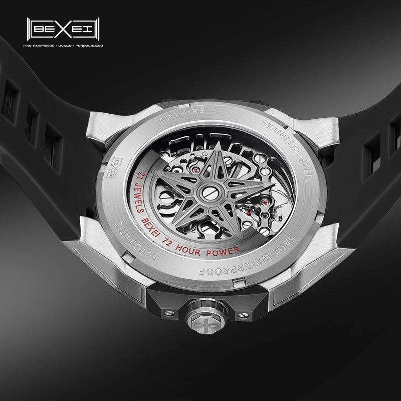 BEXEI 9121mechanical watch for men luminous Automatic movement skeleton Synthetic sapphire waterproof business wrist watch news