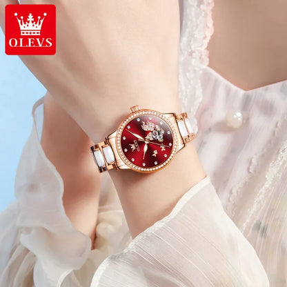 OLEVS 7001 relojes para mujer, reloj de pulsera mecánico a la moda, reloj con esfera con anillo y taladro para carpa Luck Koi para mujer, cerámica resistente al agua