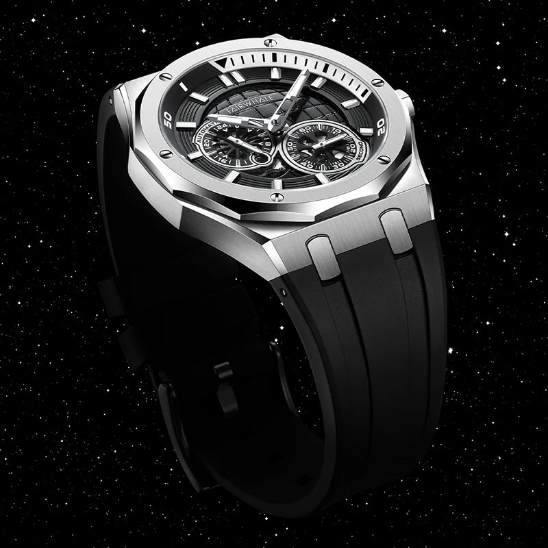 Mark Fairwhale Men Automatic Watch 42mm Sport Mechanical Wristwatch Waterproof Luminous Skeleton 24 Hours Small Second Dial