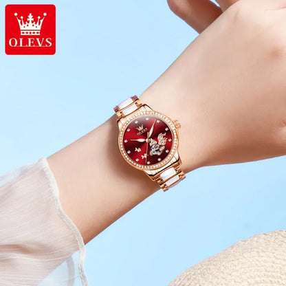 OLEVS 7001 relojes para mujer, reloj de pulsera mecánico a la moda, reloj con esfera con anillo y taladro para carpa Luck Koi para mujer, cerámica resistente al agua