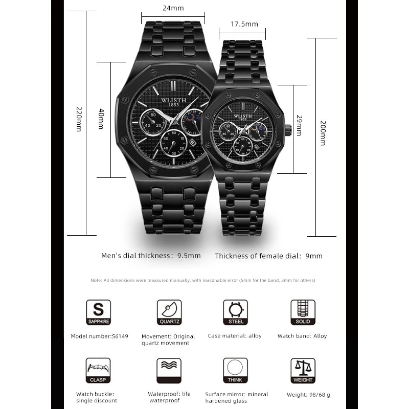 Reloj de cuarzo de marca de lujo Wlisth Business a la moda para hombre y mujer, reloj de pulsera resistente al agua de acero inoxidable, reloj Masculino