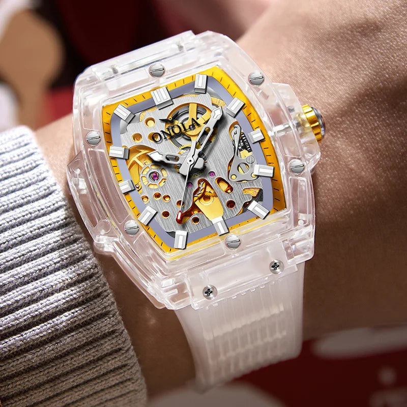 Reloj de lujo para hombre onola plástico transparente hueco relojes mecánicos completamente automáticos reloj impermeable para hombre