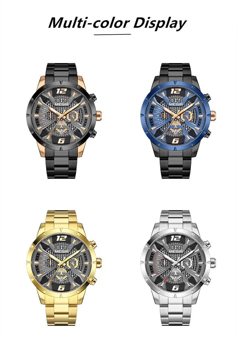 Reloj MEGIR de lujo para hombre, relojes de pulsera de cuarzo para negocios, manecillas luminosas resistentes al agua, calendario, relojes masculinos de acero inoxidable