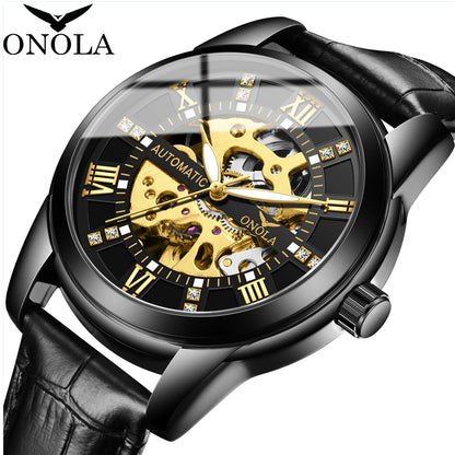 ONOLA Business Hollow Reloj mecánico completamente automático para Hombres Correa de Reloj Impermeable de Cuero Relojes Casuales para Hombres