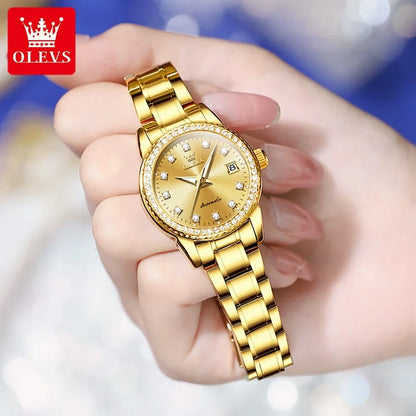 OLEVS Automatic Mechanical Watch for Women Diamond Calendar Dial Stainless Steel Waterproof Luminous Elegant Women's Wristwatch