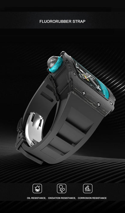 CRONUSART Men Automatic Watch Luxury Mechanical Wristwatch NTPT Carbon Fibre Tonneau Case Luminous Fluororubber Strap Skeleton