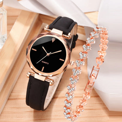 Conjunto de reloj de lujo para mujer, 2 uds., correa de cuero PU, reloj de pulsera de cuarzo para mujer, pulsera de aleación de oro rosa con diamantes de imitación para regalo de mujer