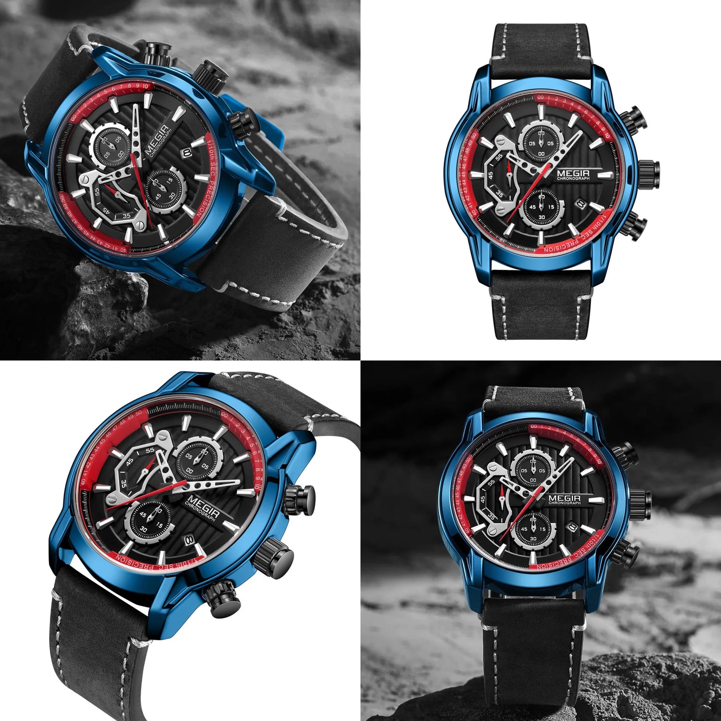 MEGIR Fashion Men's Sports Watches Chronograph Luxury Quartz Clock Leather Casual Wristwatch Army Military Watch Reloj Hombre